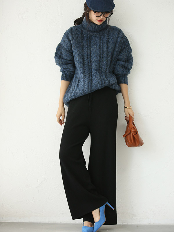 Navy Blue Turtleneck Twist Thick Knit Sweaters