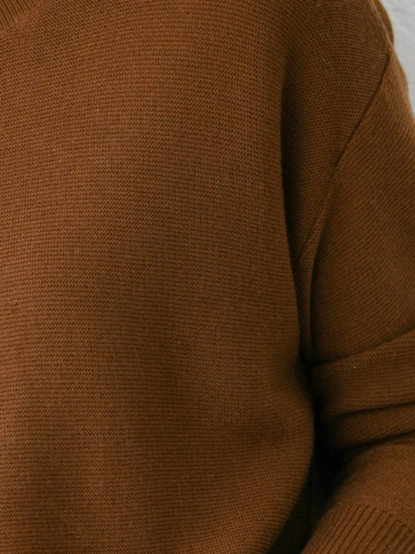 Brown Round Neck Long Sleeves Split Sweaters