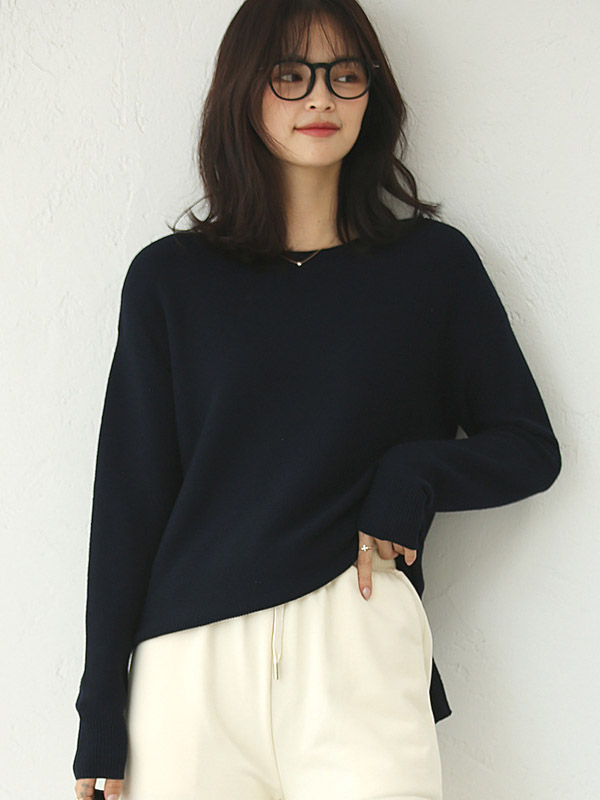 Navy Blue Round Neck Long Sleeves Split Sweaters