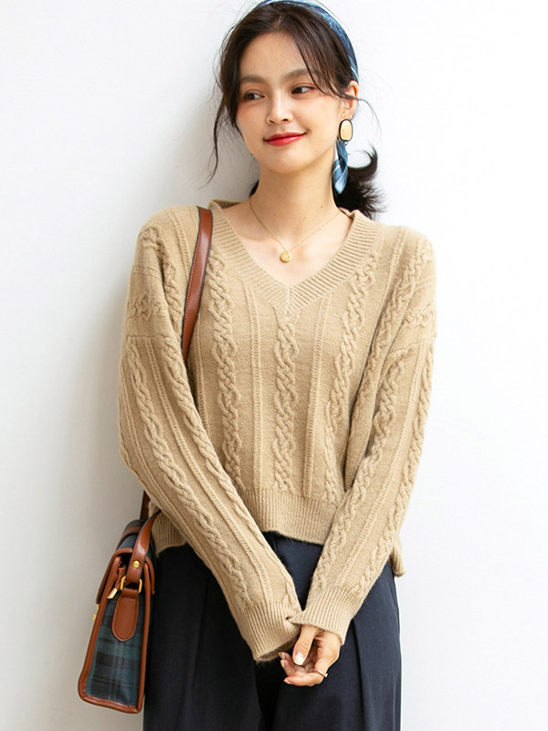 Khaki Dyeing V-neck Twist Loose Knit Sweaters