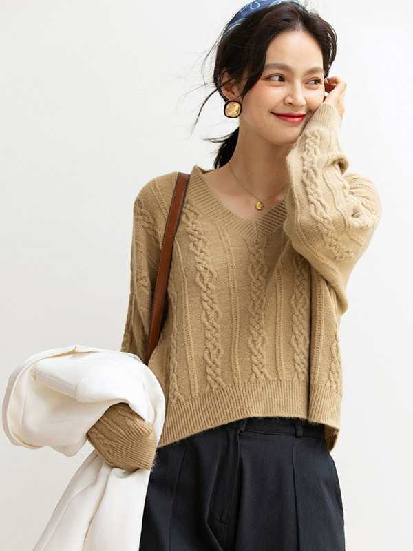 Khaki Dyeing V-neck Twist Loose Knit Sweaters