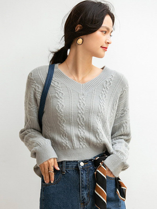 Grey Dyeing V-neck Twist Loose Knit Sweaters