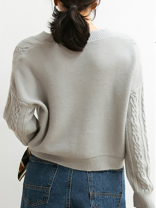 Grey Dyeing V-neck Twist Loose Knit Sweaters