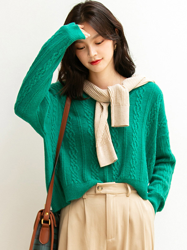 Green Dyeing V-neck Twist Loose Knit Sweaters