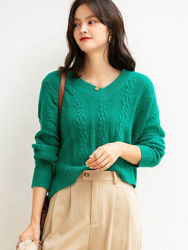 Green Dyeing V-neck Twist Loose Knit Sweaters