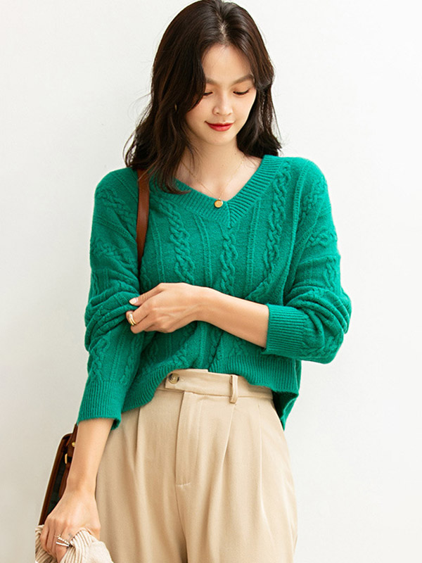 Green Dyeing V-neck Twist Loose Knit Sweaters