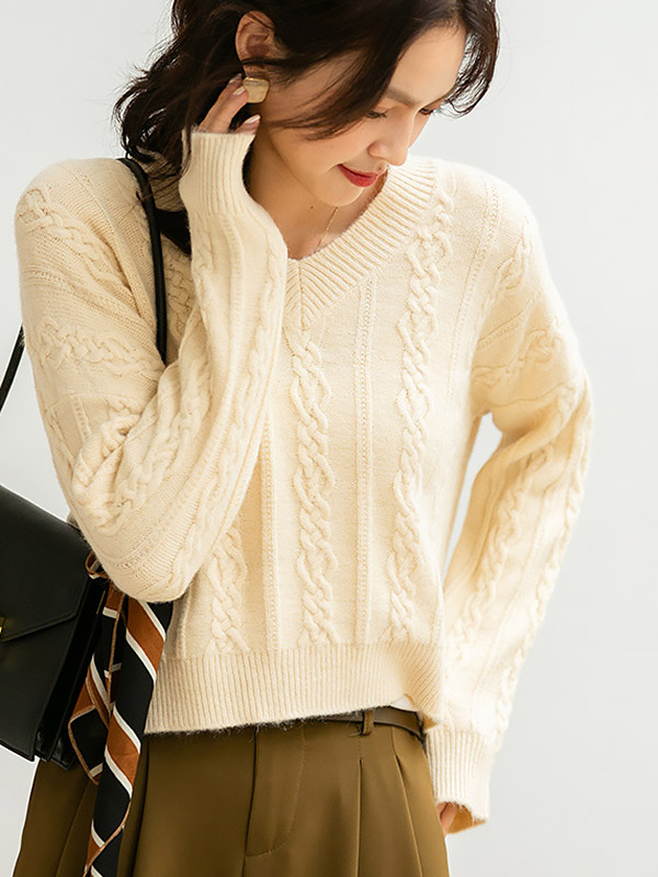 Apricot Dyeing V-neck Twist Loose Knit Sweaters