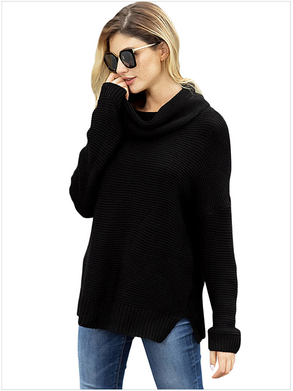 Black Long Sleeve Casual Ribbed Knit Sweater