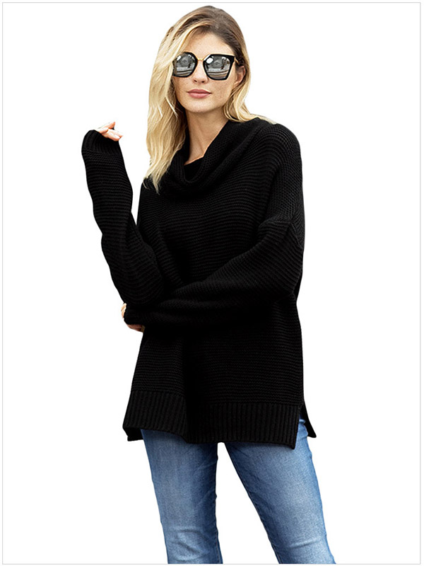 Black Long Sleeve Casual Ribbed Knit Sweater