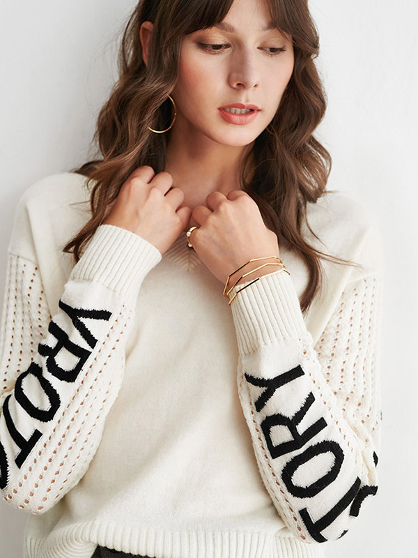 White V-neck Sweater with Black Letters