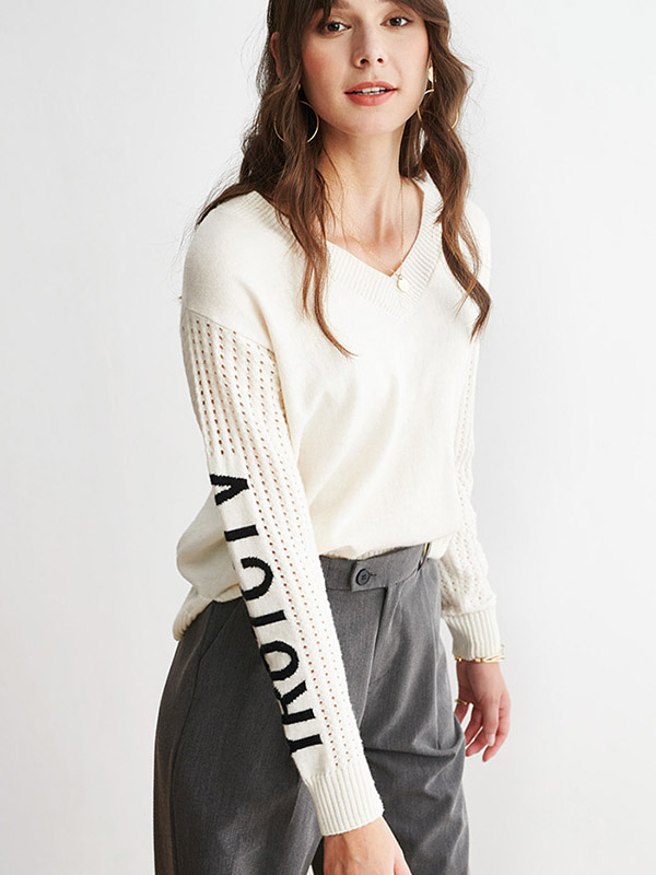 White V-neck Sweater with Black Letters