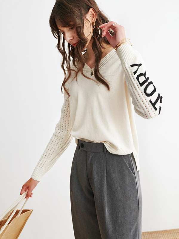 White V-neck Sweater with Black Letters