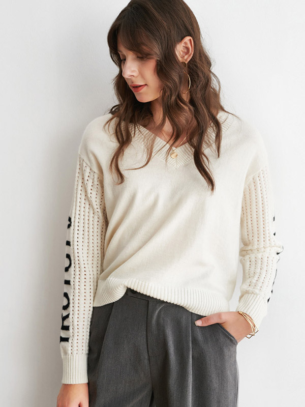 White V-neck Sweater with Black Letters