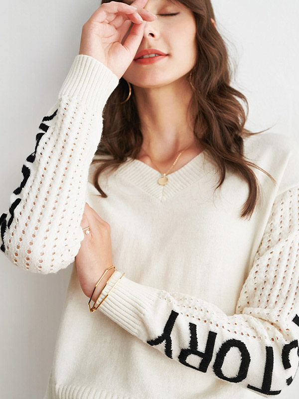 White V-neck Sweater with Black Letters