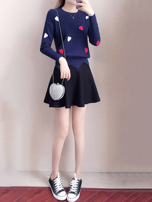 Blue Embroidery Sweater with heart pattern +Black Skirt