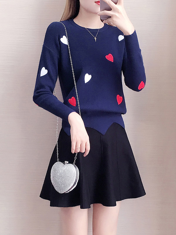 Blue Embroidery Sweater with heart pattern +Black Skirt