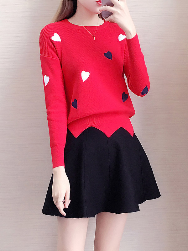 Red Embroidery Sweater with heart pattern +Black Skirt