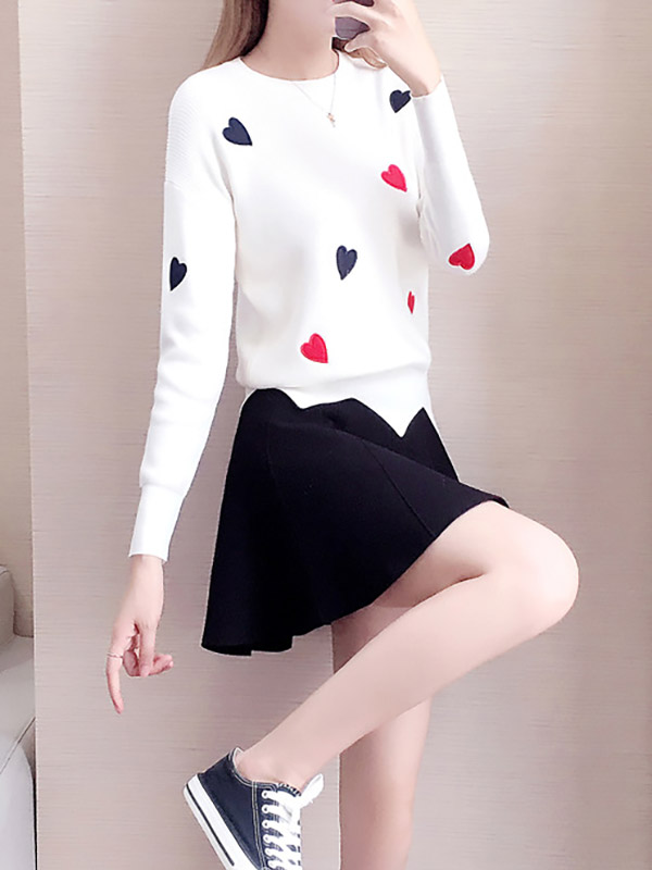 White Embroidery Sweater with heart pattern +Black Skirt