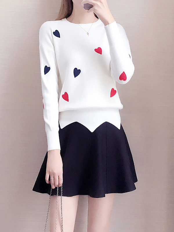 White Embroidery Sweater with heart pattern +Black Skirt