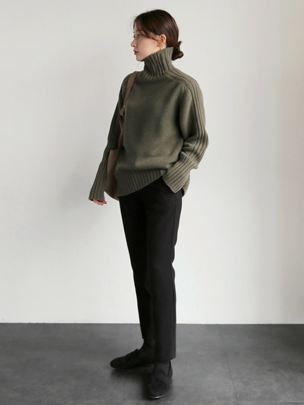 Green Simple High Collar Autumn/Winter Style Sweater