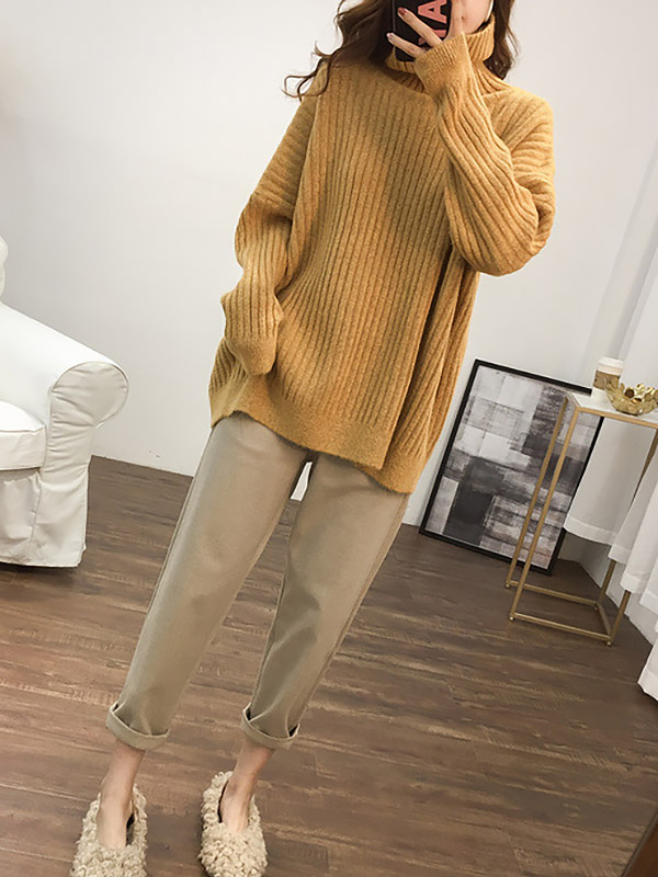 Yellow Loose Slouchy Turtleneck Sweater