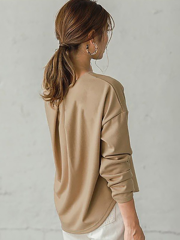 Khaki Simple Round Neck Long Sleeve Sweater