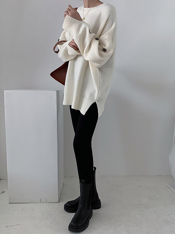 White Loose Slouchy Crew Neck Sweater With Button Decorations