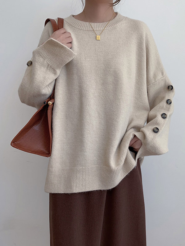 Apricot Loose Slouchy Crew Neck Sweater With Button Decorations