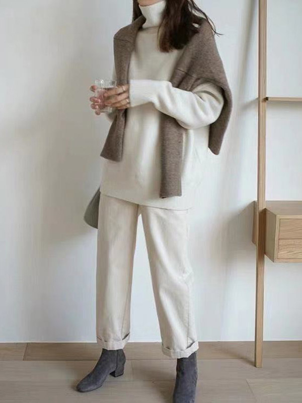 White Autumn/Winter Thickened High Neck Sweater