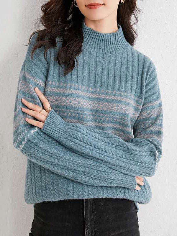 Blue Twist Semi Turtleneck Long Sleeve Sweater