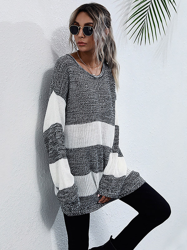 Grey Oversize Stripe Color Matching Sweater