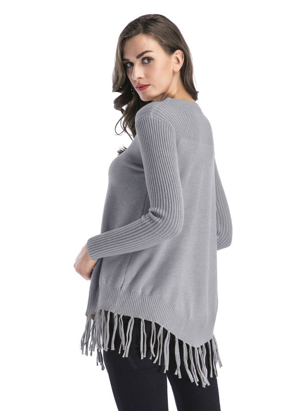 Grey Fashion Round Neck Fringed Thickened Sweater