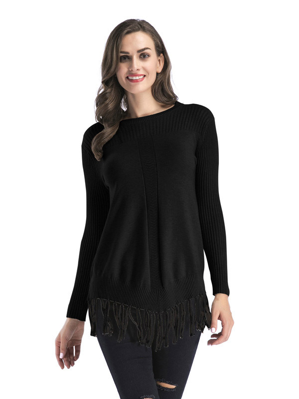 Black Fashion Round Neck Fringed Thickened Sweater