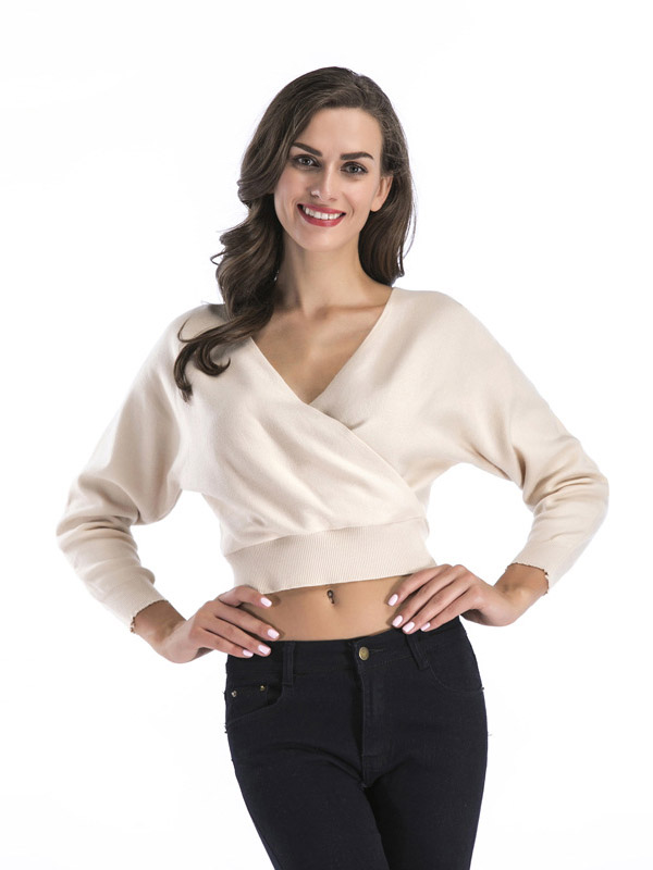 White Short Loose Bat Sleeve Plunge V-Neck Sweater