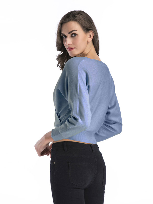 Blue Short Loose Bat Sleeve Plunge V-Neck Sweater