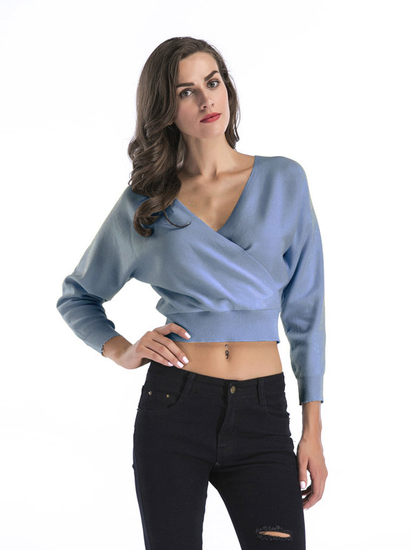 Blue Short Loose Bat Sleeve Plunge V-Neck Sweater