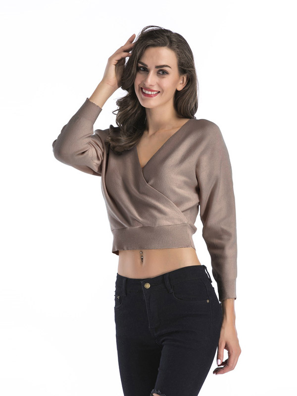 Khaki Short Loose Bat Sleeve Plunge V-Neck Sweater