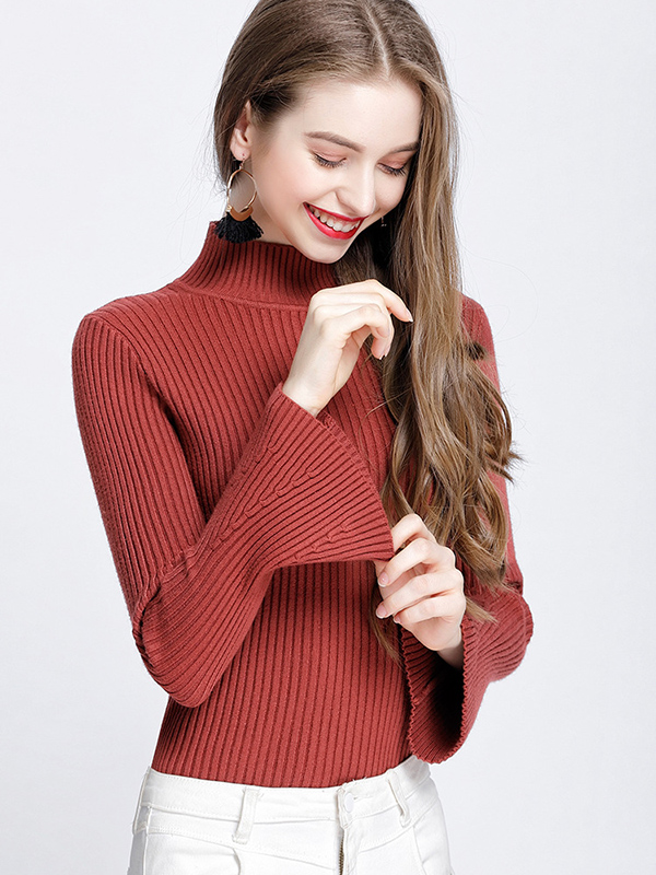 Red Half High Neck Flared Sleeve Warm Sweater