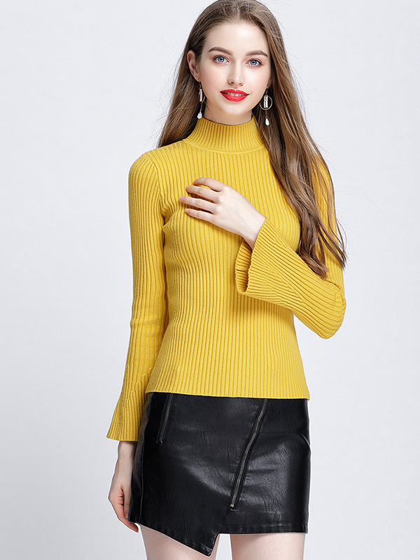 Yellow Half High Neck Flared Sleeve Warm Sweater