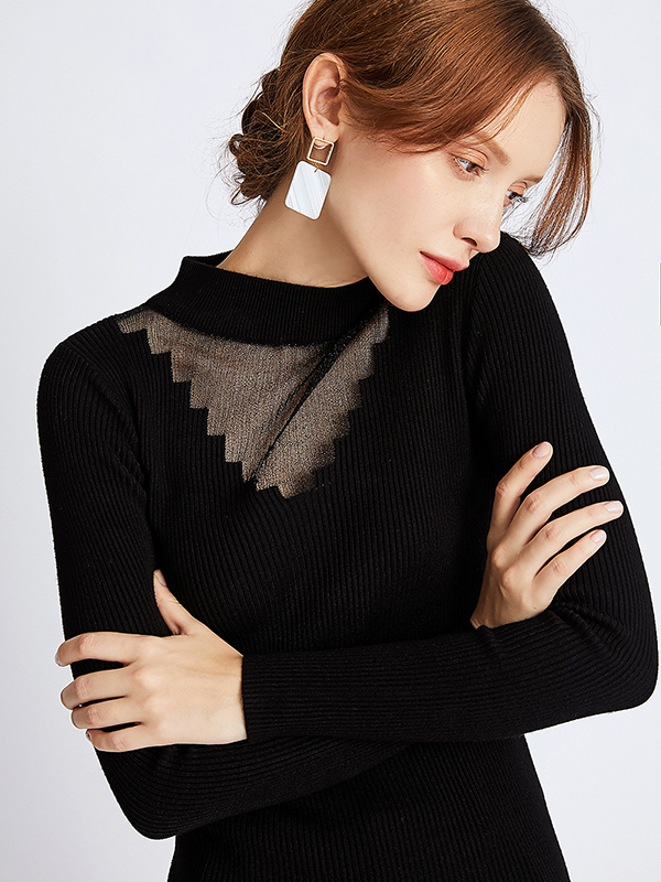 Black Round Neck Hollowed-out Lace Mesh Sweater