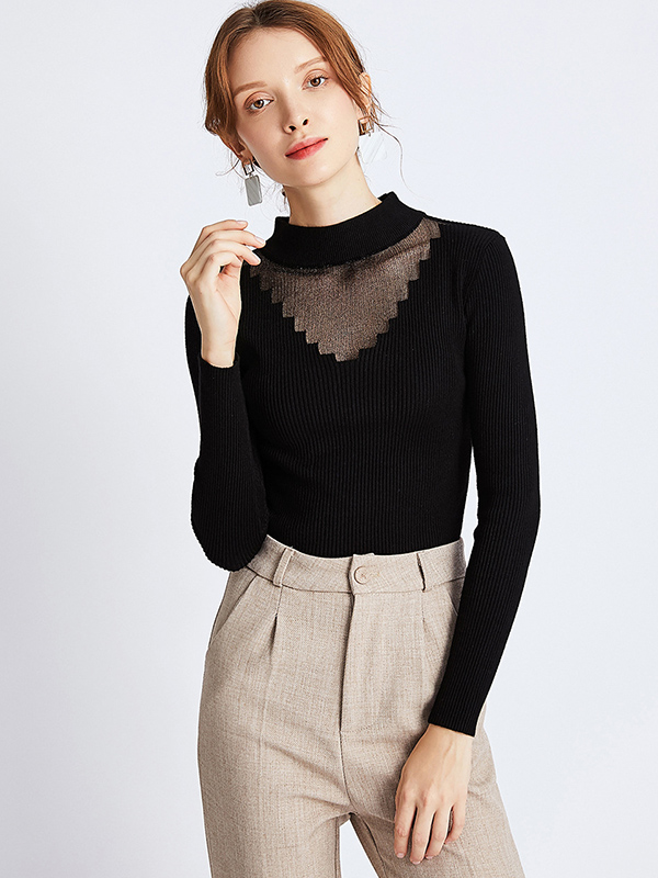 Black Round Neck Hollowed-out Lace Mesh Sweater