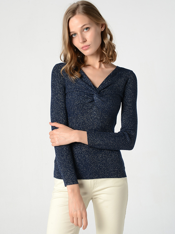 Blue V-neck Light Silk Slim Knitted Sweater