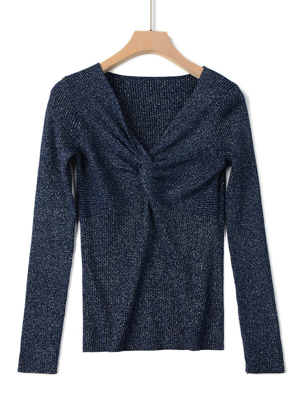 Blue V-neck Light Silk Slim Knitted Sweater