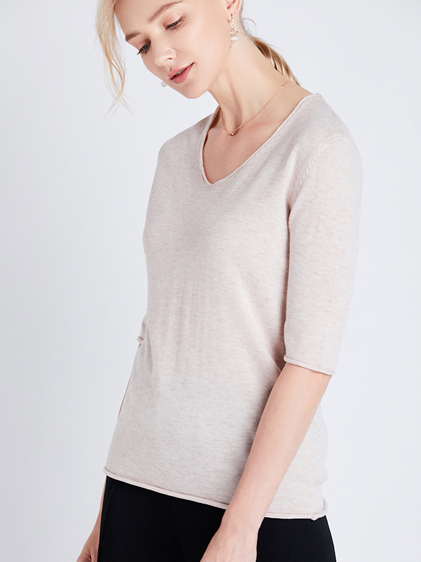 Pink Apricot Loose Half Sleeve Wool V-Neck Sweater