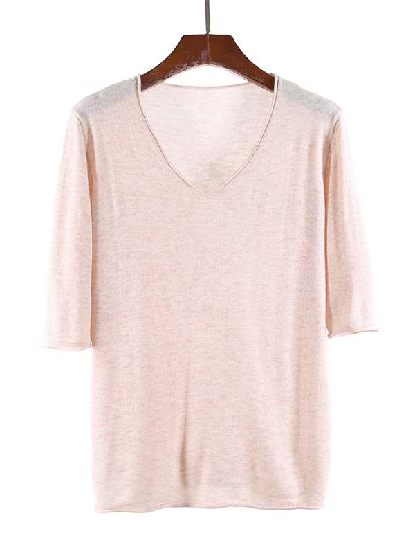 Pink Apricot Loose Half Sleeve Wool V-Neck Sweater