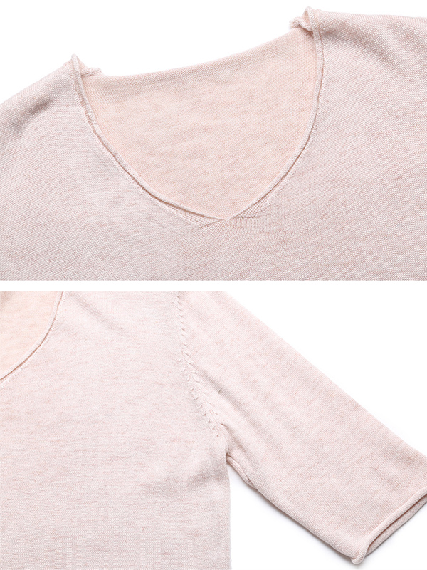 Pink Apricot Loose Half Sleeve Wool V-Neck Sweater