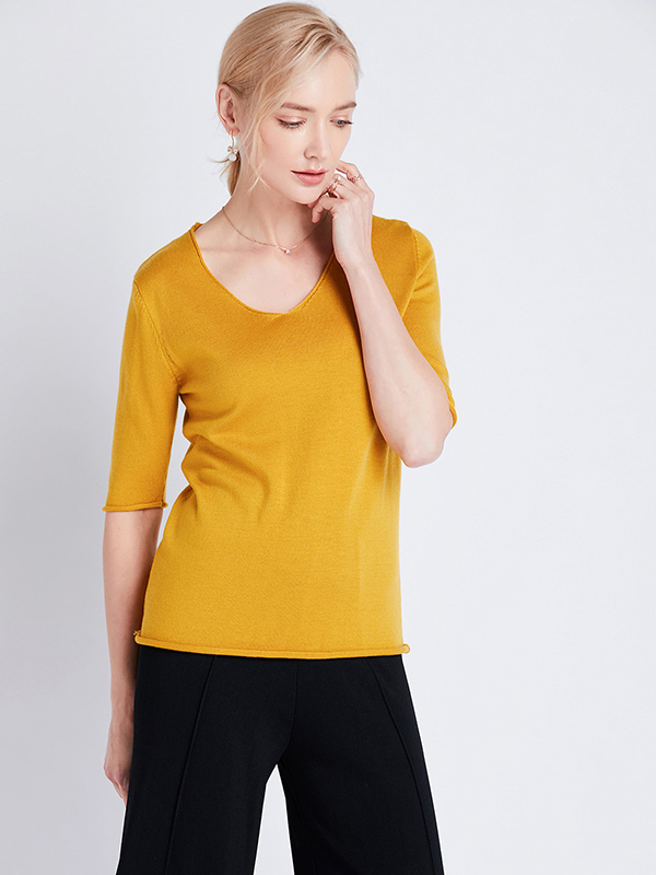 Yellow Apricot Loose Half Sleeve Wool V-Neck Sweater