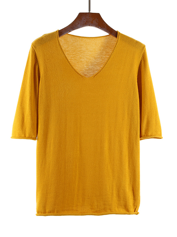 Yellow Apricot Loose Half Sleeve Wool V-Neck Sweater