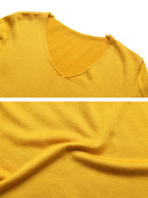 Yellow Apricot Loose Half Sleeve Wool V-Neck Sweater