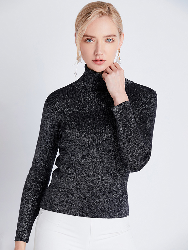 Black Long Sleeve High Neck Flash Silk Knitted Sweater